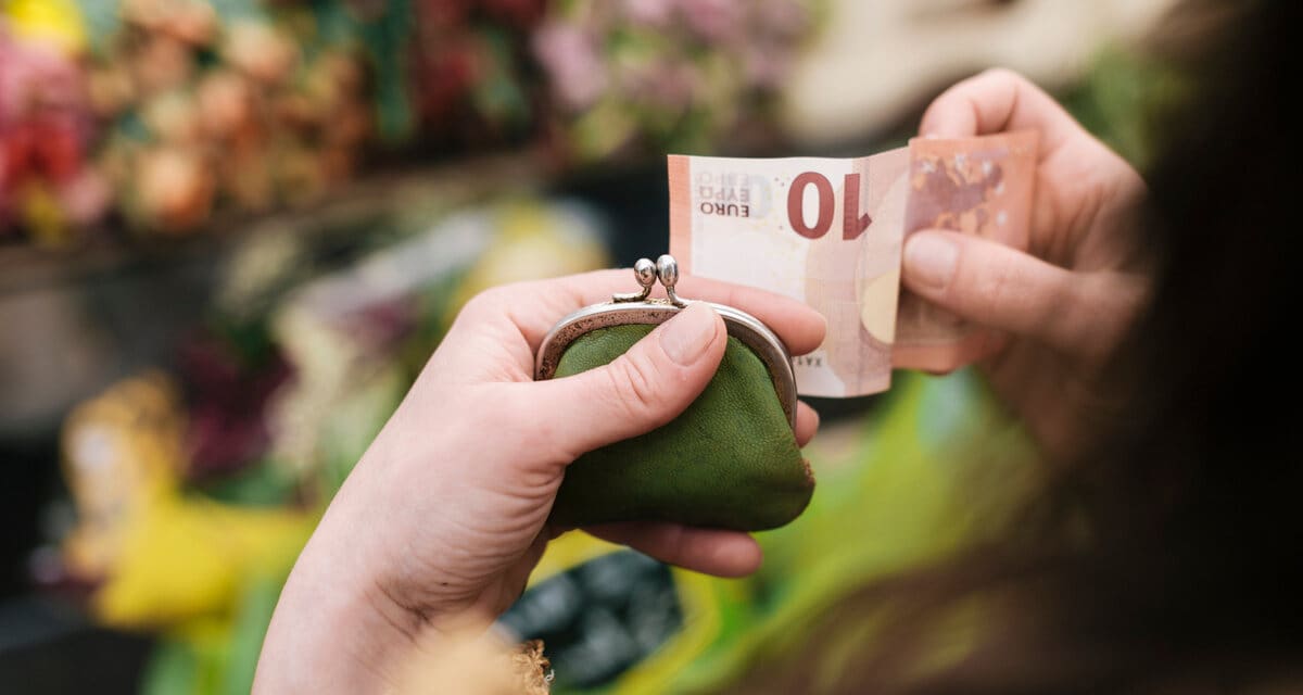 élelmiszerbolt, zöldség és gyümölcs előtt, kézben eurós bankjegy