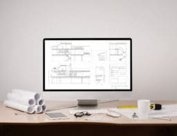 Dolgozóasztal, monitor, papírok, irodai eszközök, a monitoron egy ház tervrajza