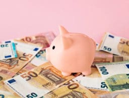 pink háttér, malacpersely, eurós bankjegyek, megtakarítás